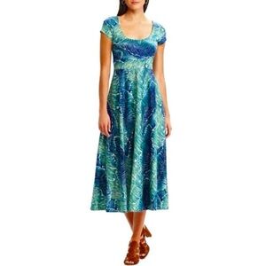 Chaps Tropical Leaf Print Cotton Fit & Flare Midi Dress, size M